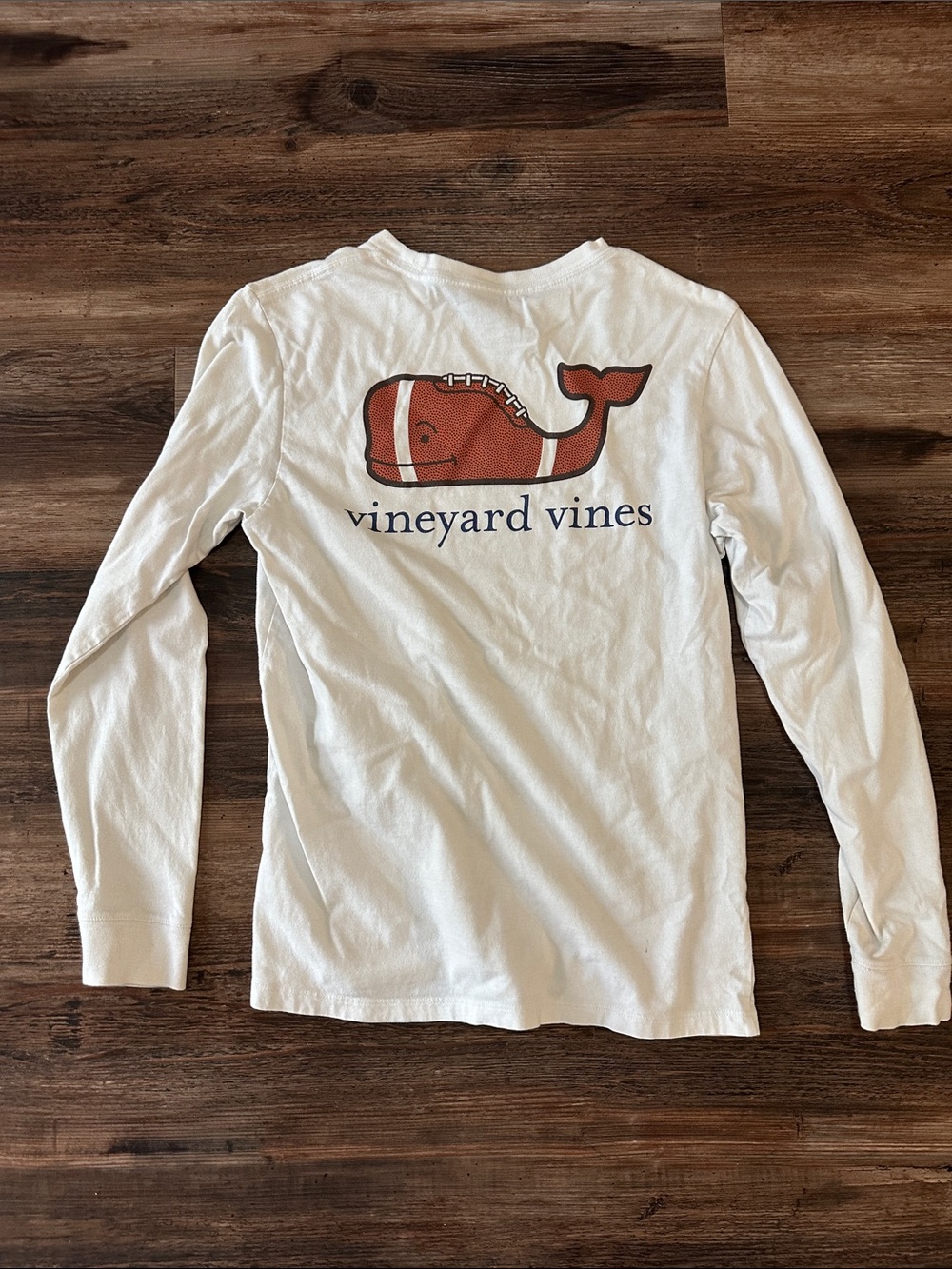 Vineyard Vines White Long Sleeve Tee with Orange Football Whale